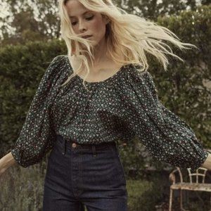 Doen XS NWT  The Jeanne Top Mirbeau's Garden Black Floral Cottagecore